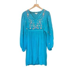 Umgee Floral Embroidered Balloon Sleeve Dress Turquoise Blue Size Large